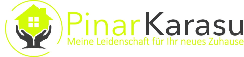 Logo von Pinar Karasu mit dem Slogan "Meine Leidenschaft für Ihr neues Zuhause" und einer stilisierten Darstellung von Händen, die ein Haus halten.